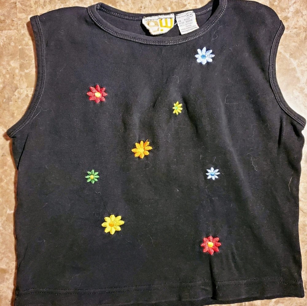 Vintage 90s / y2k black cotton rainbow embroidered flowers crew neck tank top